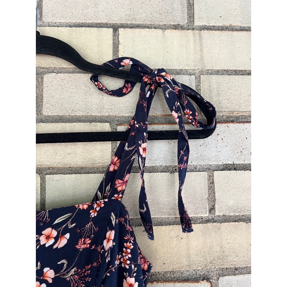Old Navy Navy Floral Tie Shoulder Midi Dress XS Pockets Smocked Back Babydoll - Picture 5 of 10